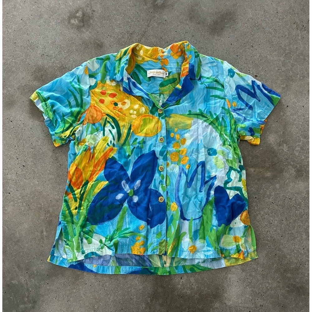 JAMS WORLD Hawaiian Shirt 50 Years Wonderland Blue Yellow Floral Sz M‎
